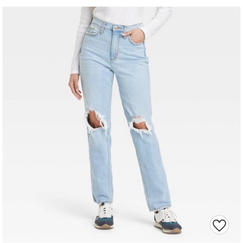 American Eagle light wash jeans. Ripped at the knees. The fit is straight